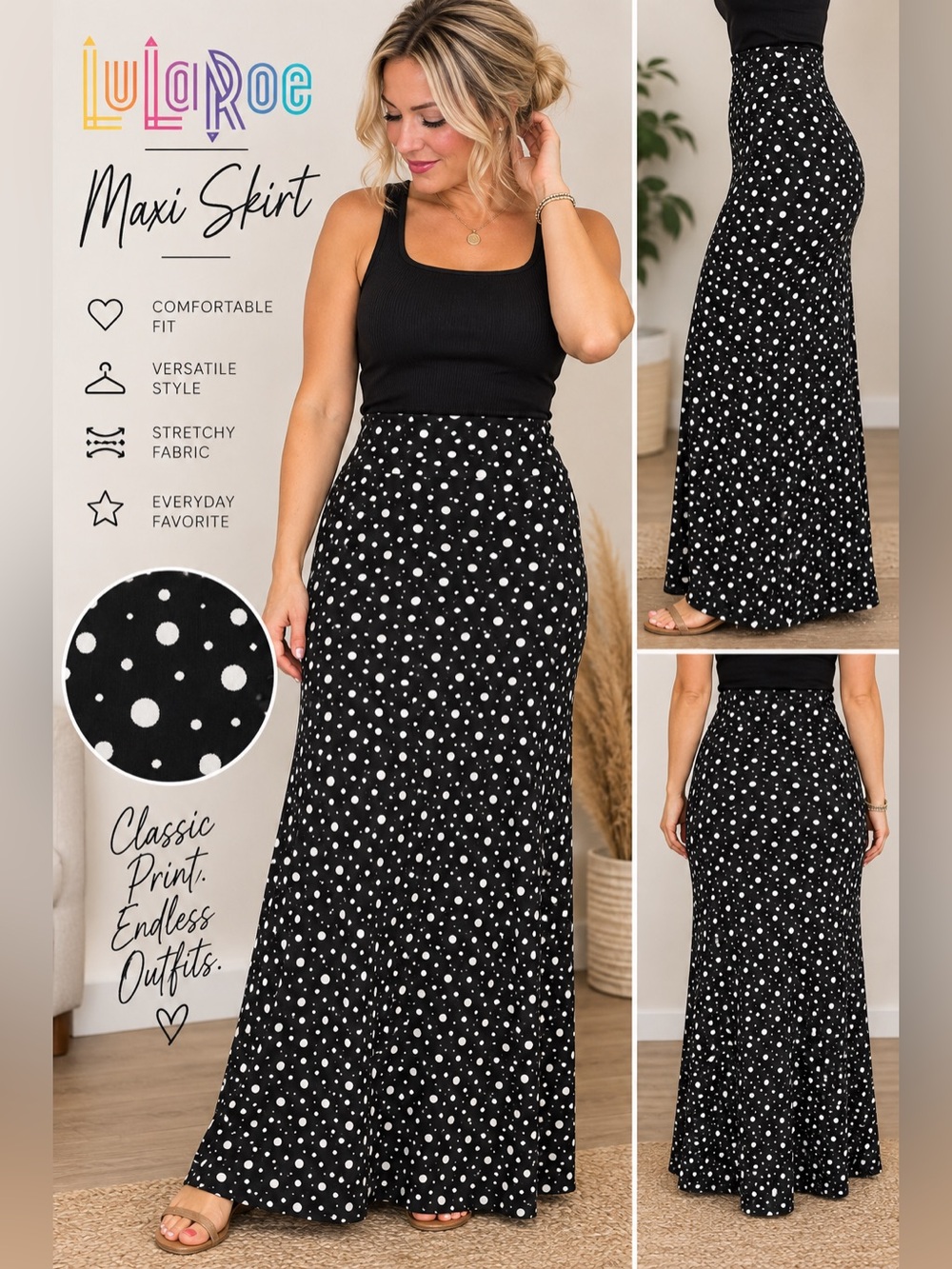 LuLaRoe Maxi Skirt Medium M Black White Polka Dot Stretch Long Skirt